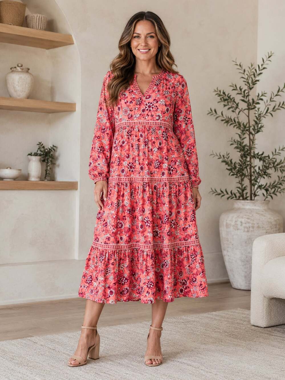Old Navy Floral Tiered Midi Dress Small Pink Long Sleeve Boho V Neck Rayon